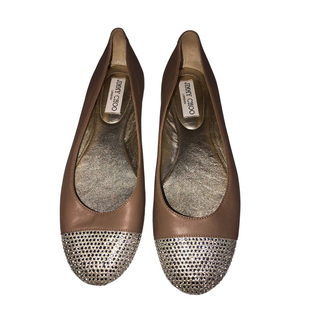 Jimmy Choo Waine Crystal Cap Toe Ballet Flats Tan Size EU 38 7.5 Designer Luxury